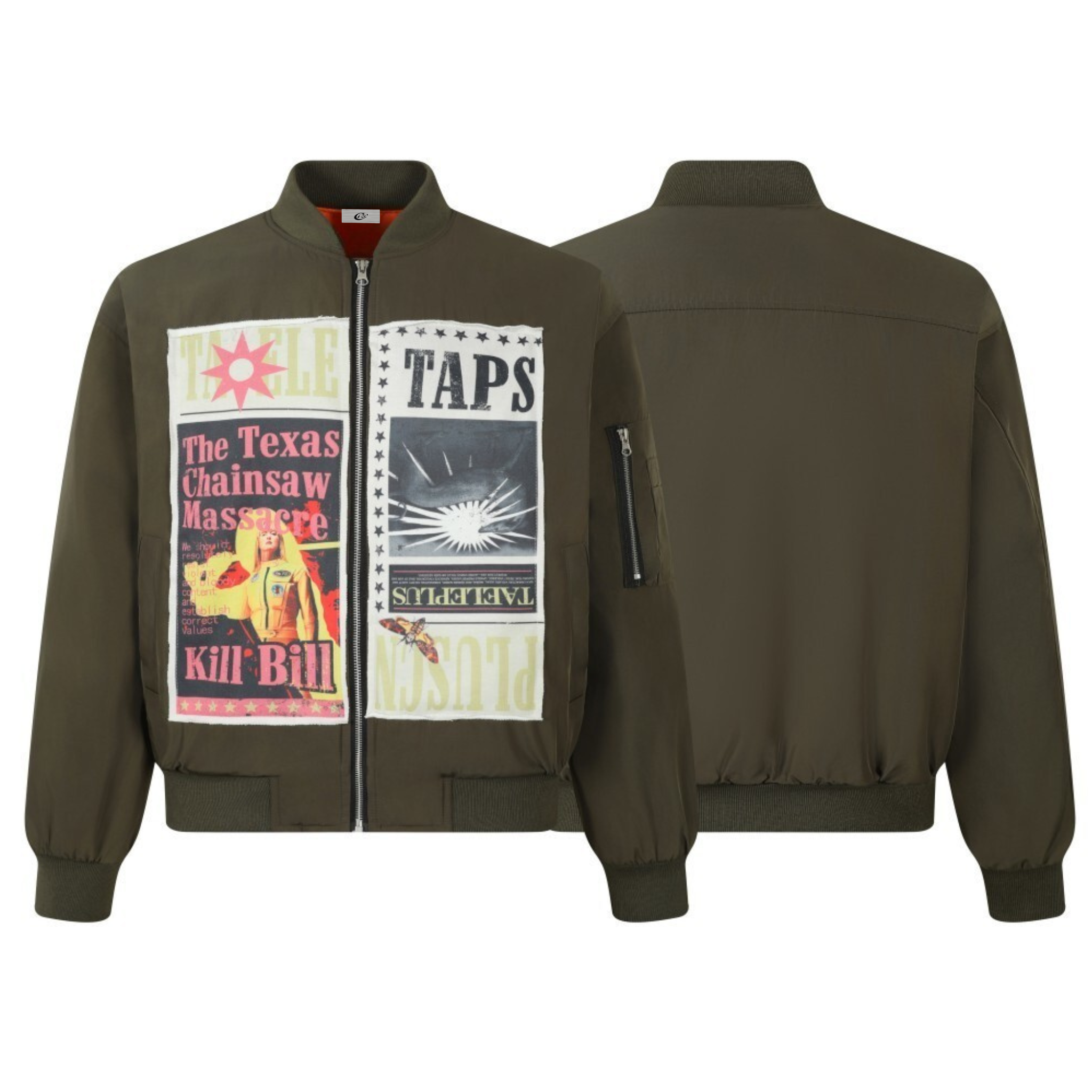 Olive green bomber jacket with retro cult film poster graphic panels on the front, shown from front and back
