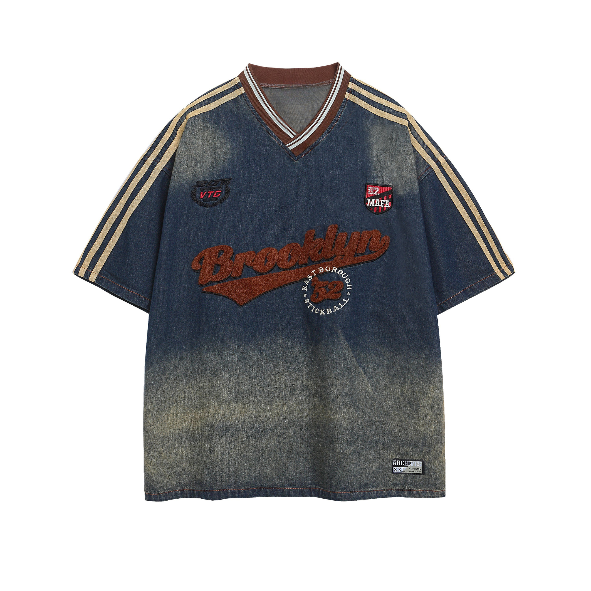 Omirad Vintage Brooklyn denim tee with chenille lettering, gradient wash, athletic shoulder stripes, and V-neck collar