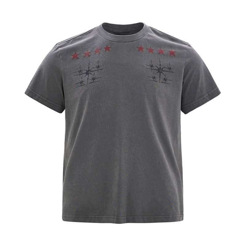 Black cotton graphic tee with red star accents and abstract emblem prints on the chest, short sleeves, streetwear style