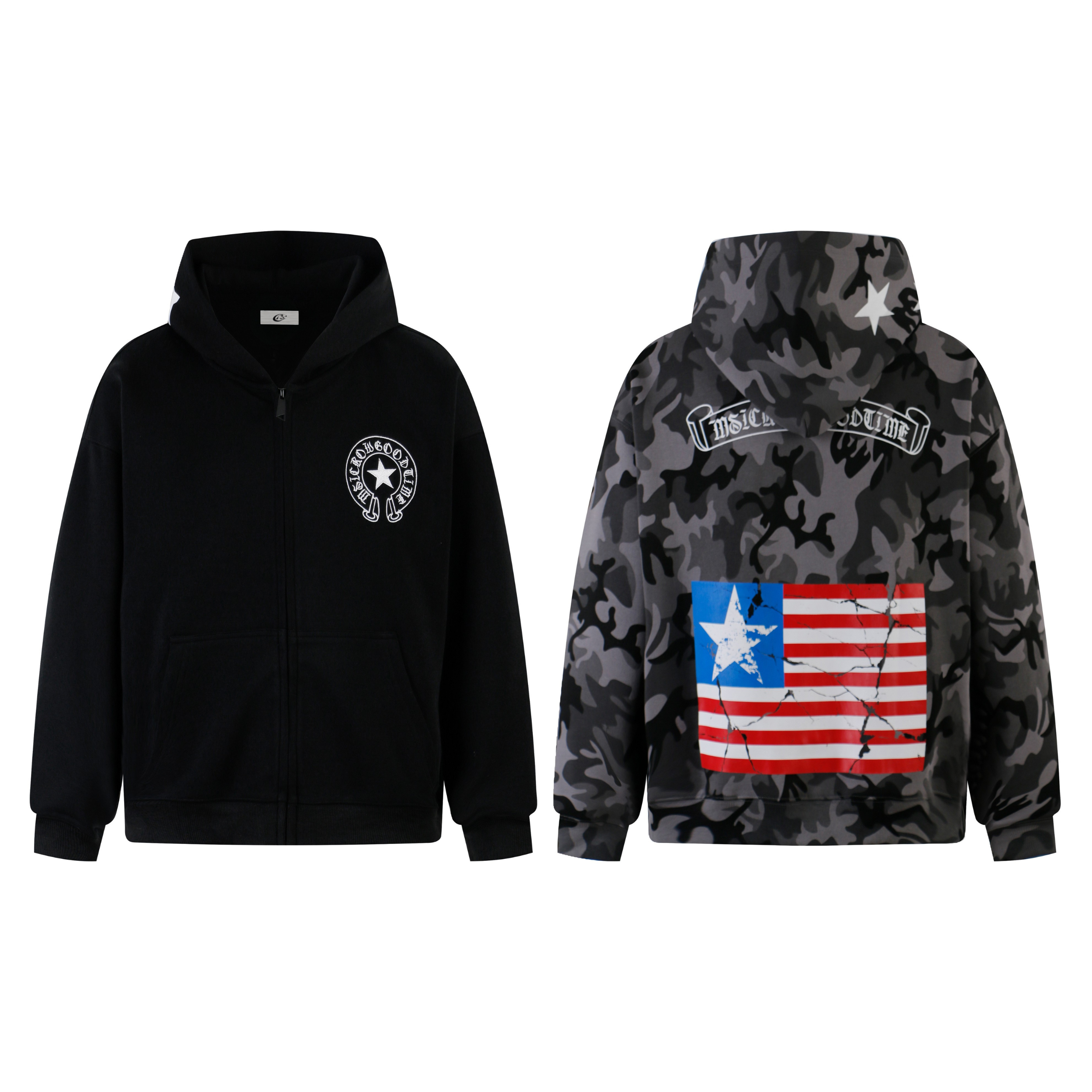 Front and back view of black and camo zip-up hoodie with embroidered star logo and distressed American flag back print
