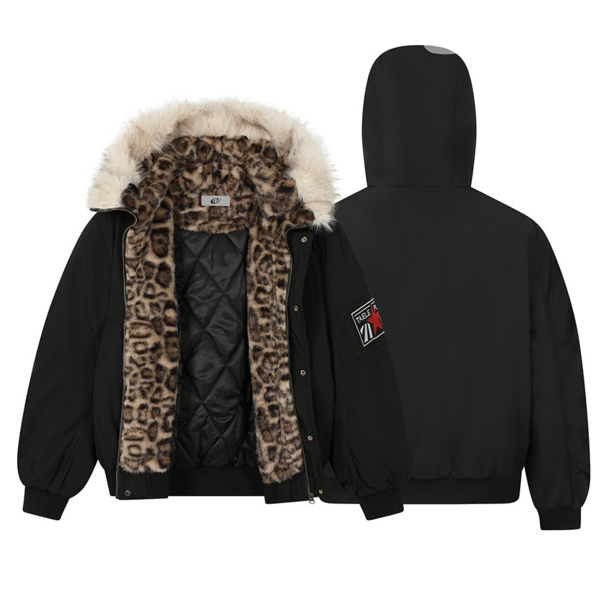 Black hooded bomber jacket open to reveal leopard faux-fur lining with cream fur hood trim, shown front and back