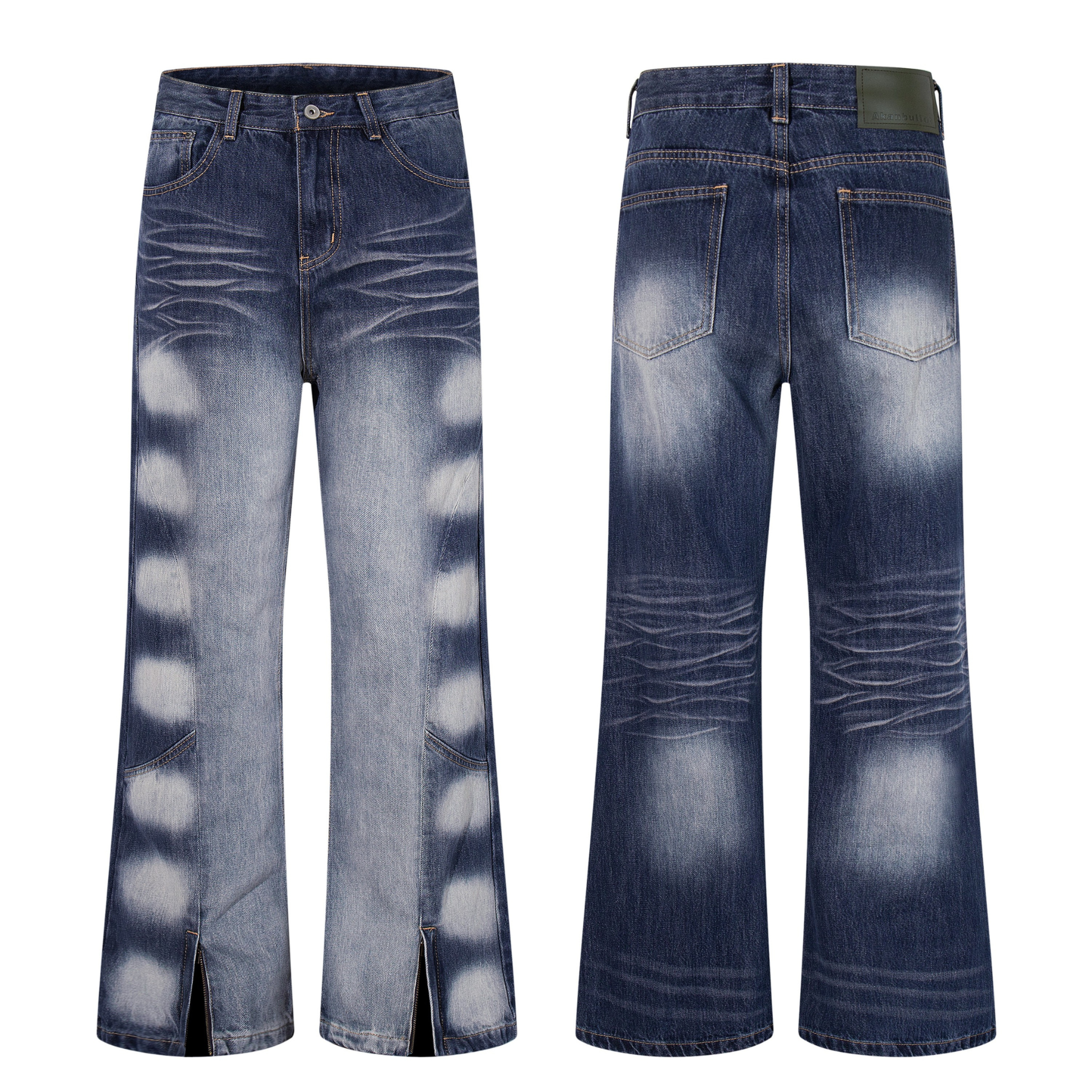 Front and back view of mid-blue wide-leg jeans with circular gradient fade spots, whisker detailing, and front hem splits