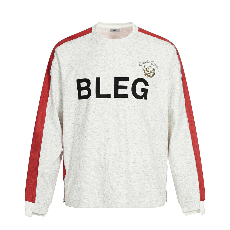 Front view of off-white long sleeve tee with red shoulder panels and large BLEG chest graphic