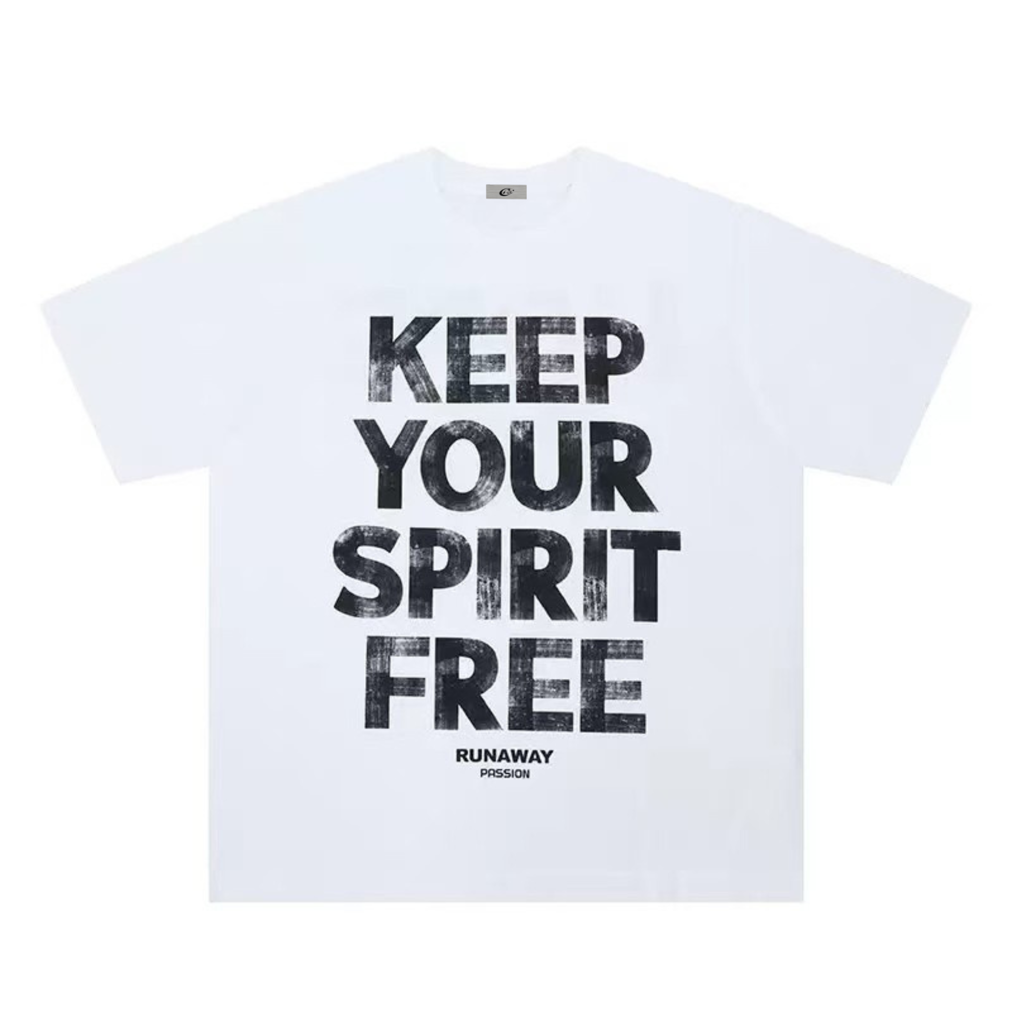White oversized graphic t-shirt with bold distressed Keep Your Spirit Free slogan print by Omirad