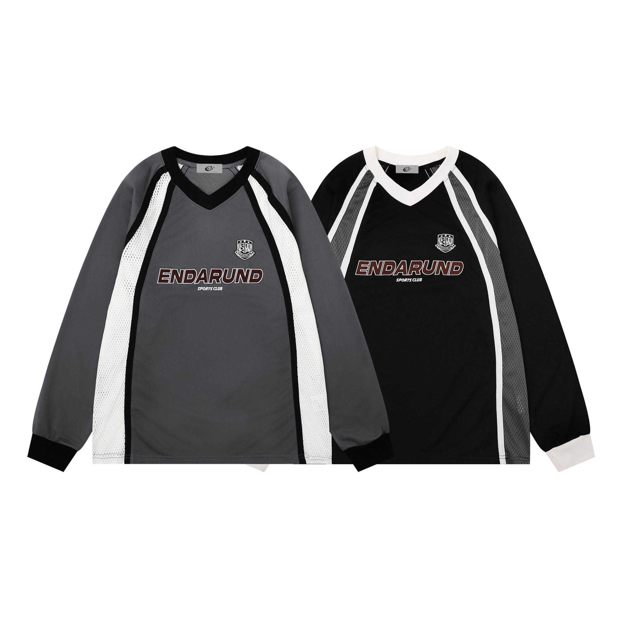 ENDARUND Sports Club grey and black long sleeve mesh performance tops with contrast V-neck and chest branding, laid flat side