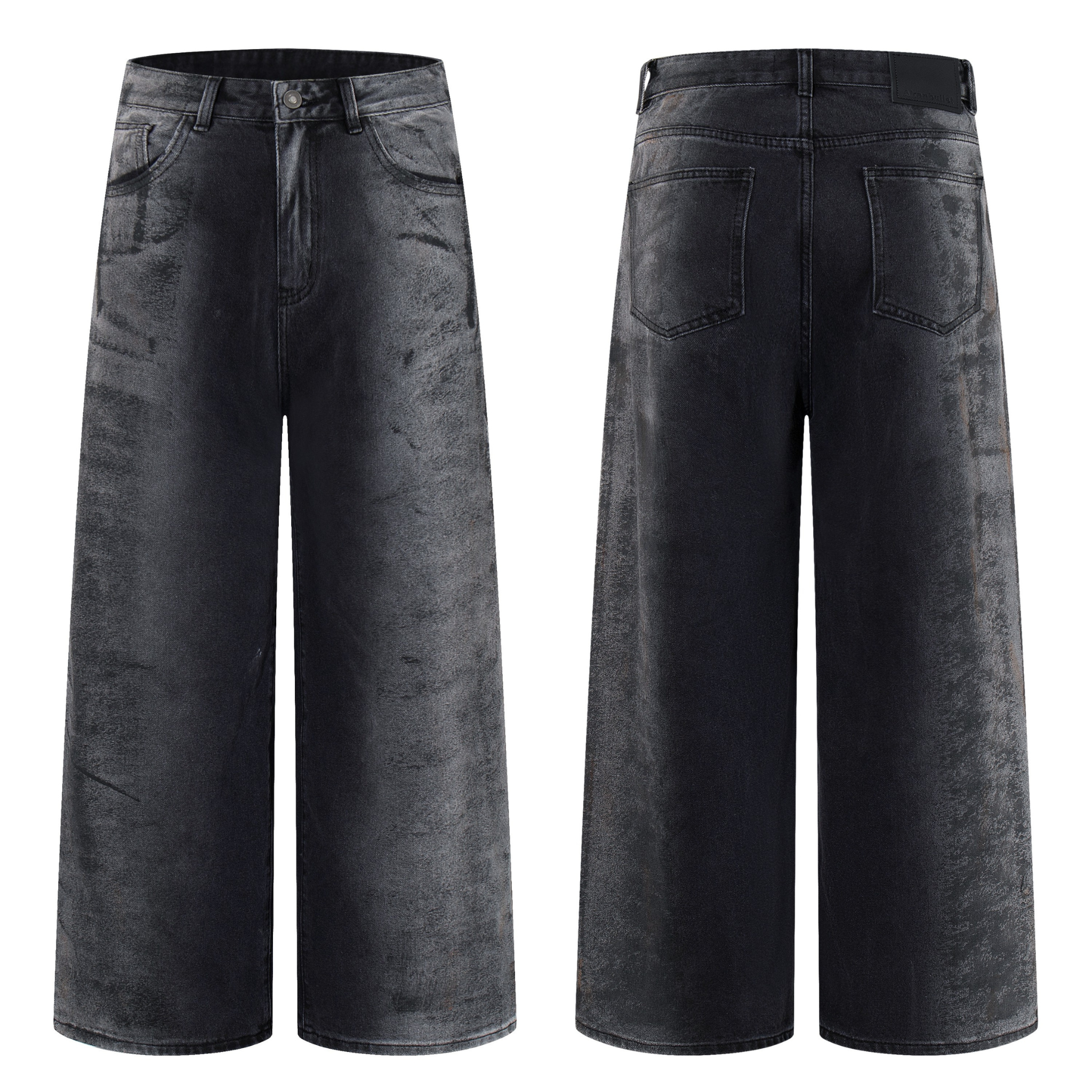Front and back view of dark smoke-washed wide-leg jeans with tonal fading and five-pocket design