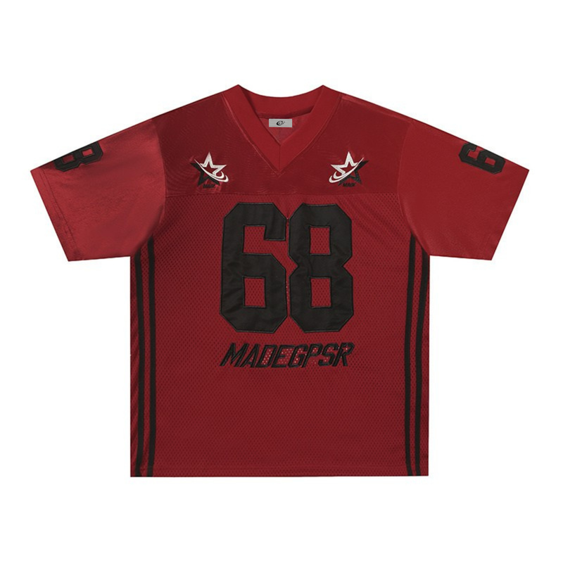 Red varsity football jersey with black number 68, mesh texture, and streetwear style design