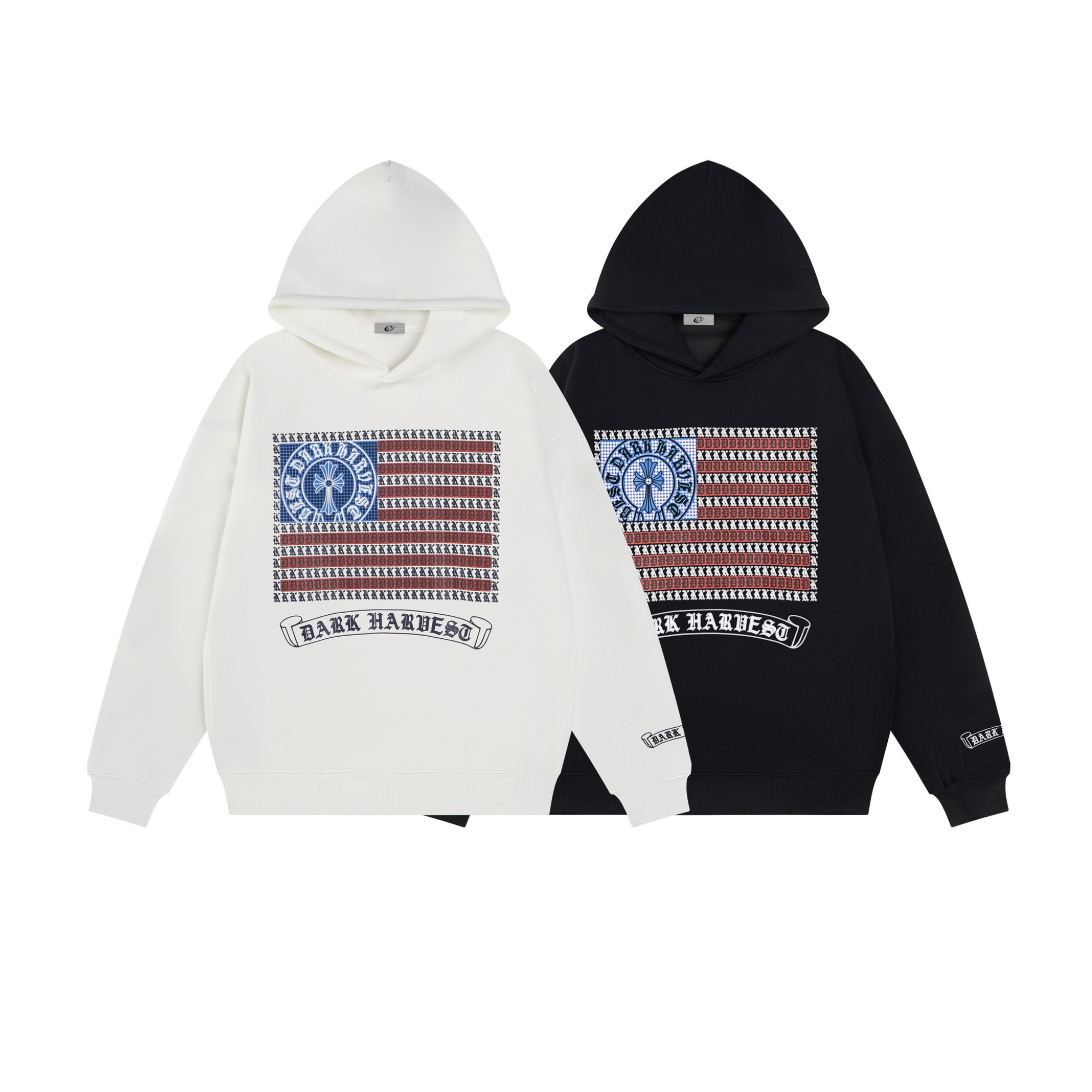 White and black Dark Harvest flag graphic hoodies with gothic lettering and cross emblem print on chest