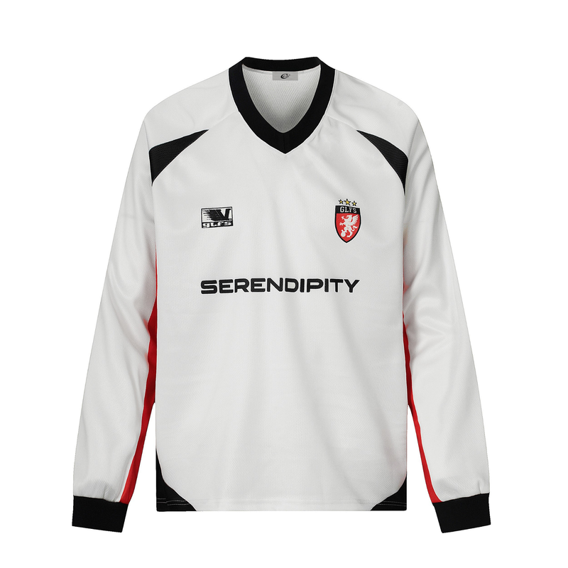 White long-sleeve football jersey with black V-neck, red side panels, and Serendipity logo on the front