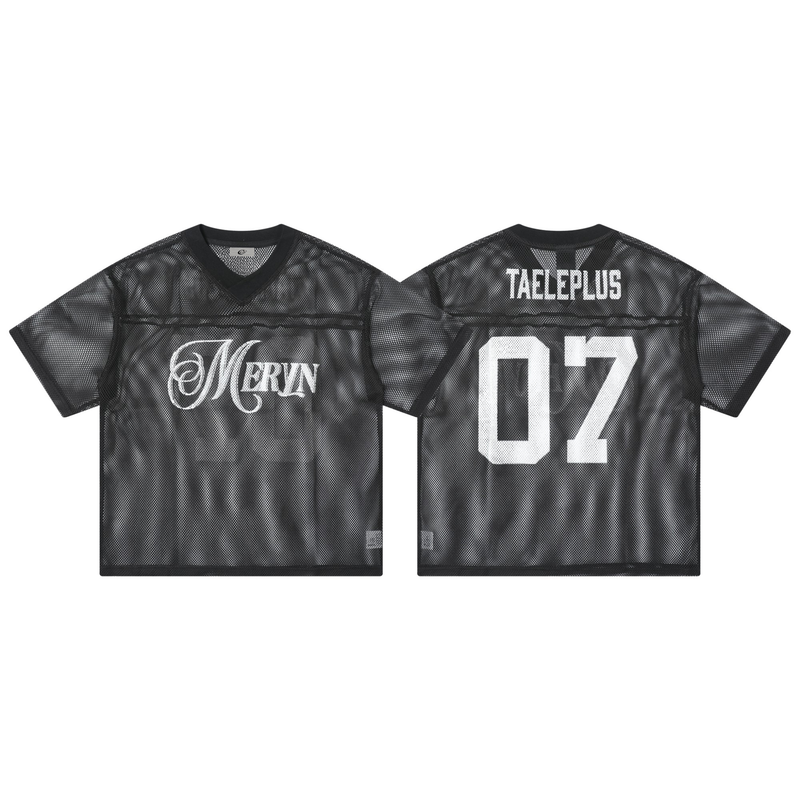 Black oversized mesh varsity jersey tee with V-neck, front logo print, and large 07 graphic on the back