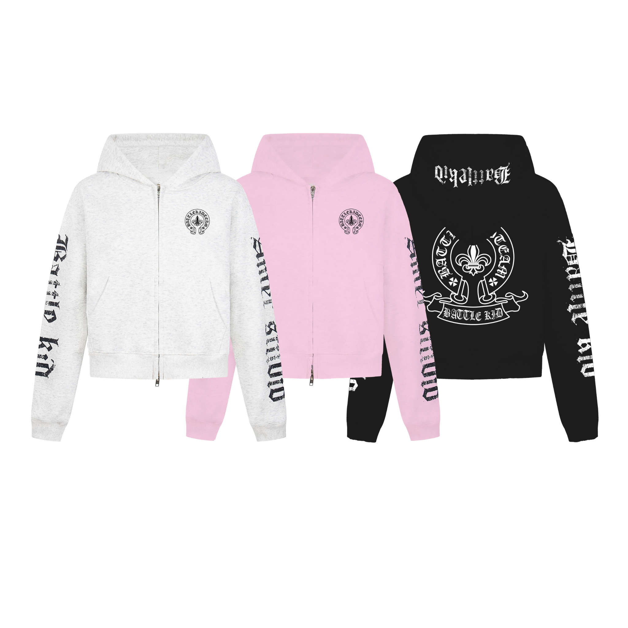 Heather grey cropped zip-up hoodie with gothic sleeve lettering and chest crest emblem, front view