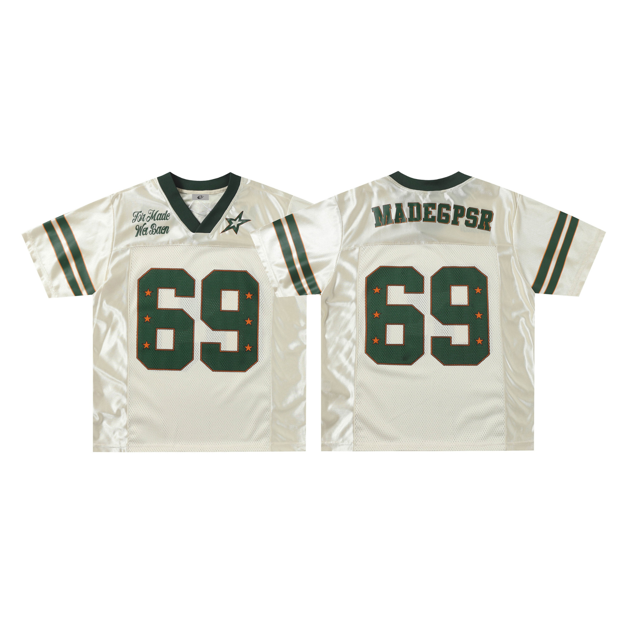 Cream retro football jersey with green number 69, star accents, contrast sleeve stripes, front and back view