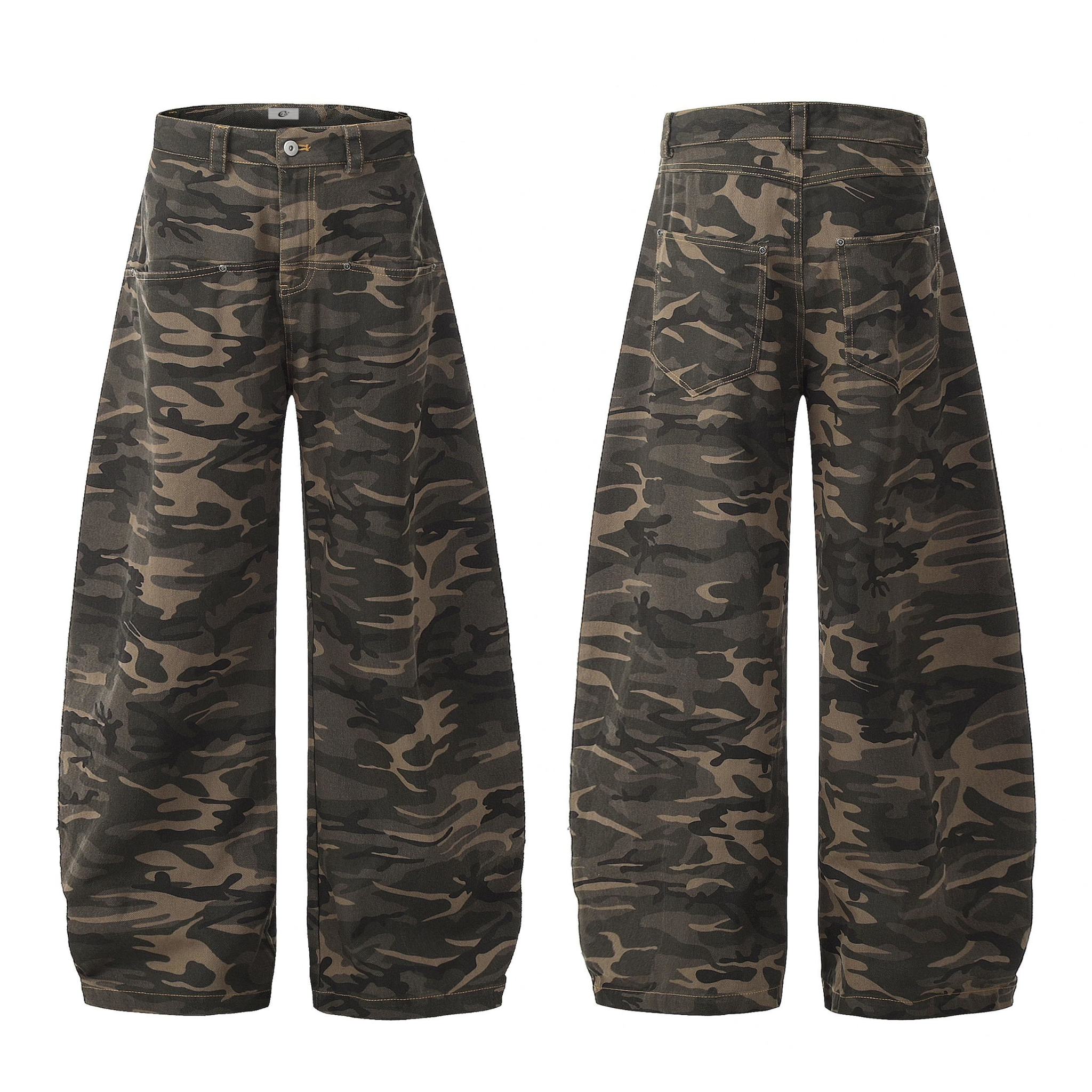 Front and back view of Omirad camouflage balloon wide-leg jeans in dark green and brown camo print