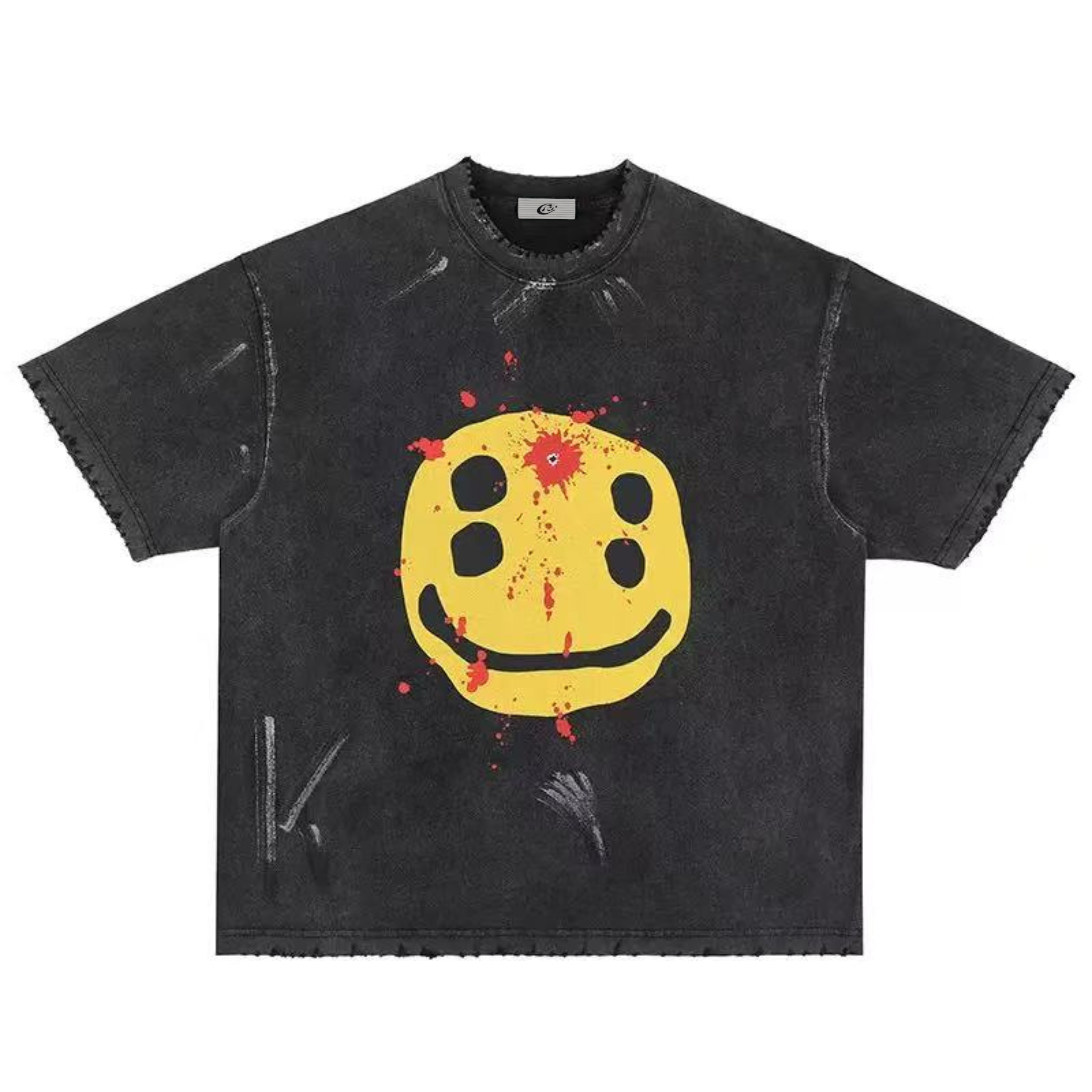Flat lay of a washed black oversized tee with a yellow distressed smiley face print and red splatter accents