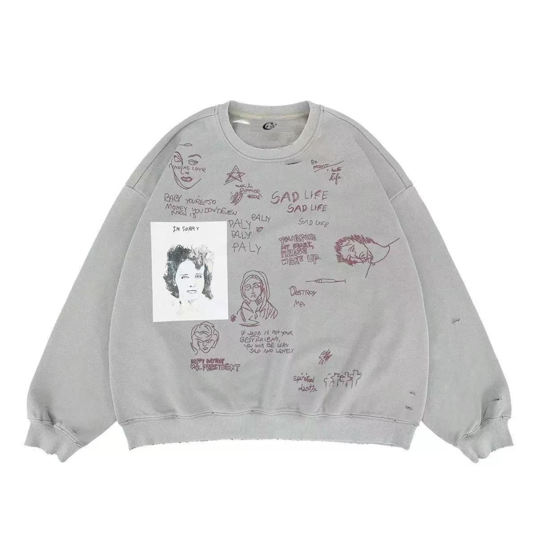 Omirad Sad Life oversized sweatshirt in washed khaki with hand-drawn doodle and handwritten text prints in maroon