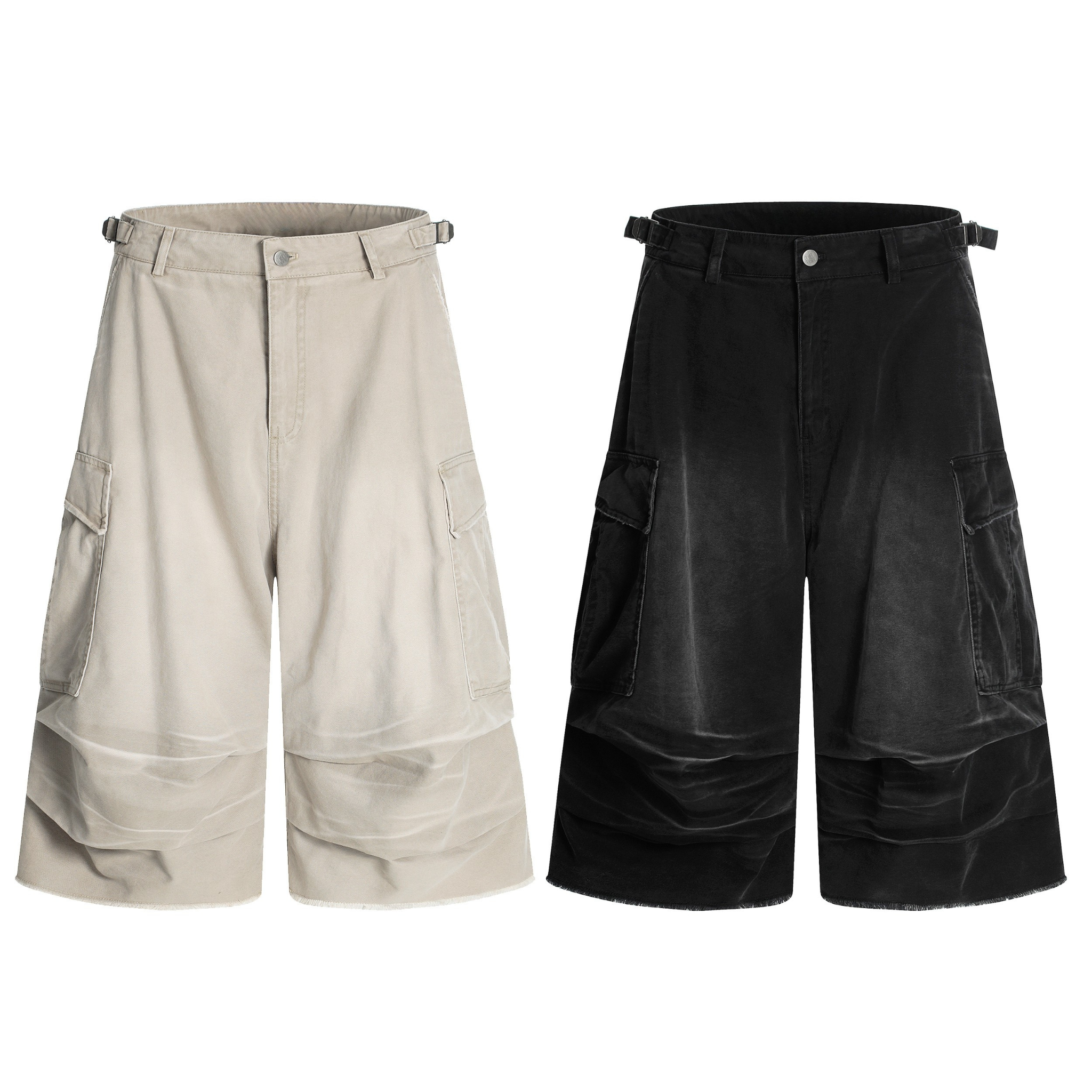 Omirad washed cargo shorts in stone and black, showing wide-leg fit, oversized cargo pockets, and multi-layer knee paneling