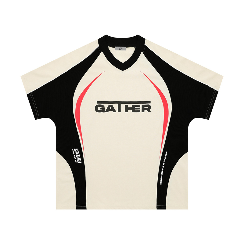 Black and cream V-neck athletic tee with red curved accents and Gather logo, sporty streetwear style