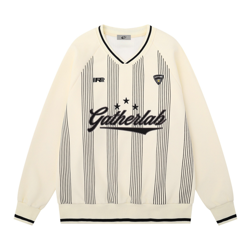 Front view of cream varsity sweatshirt with black pinstripes and Gatherlab graphic