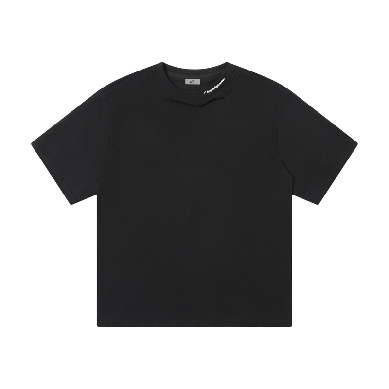 Black minimalist streetwear tee with a deconstructed collar and short sleeves, shown laid flat on a white background
