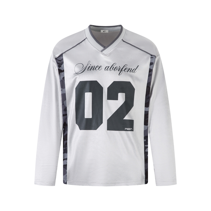 Front view of light gray V-neck long sleeve jersey top with black 02 graphic