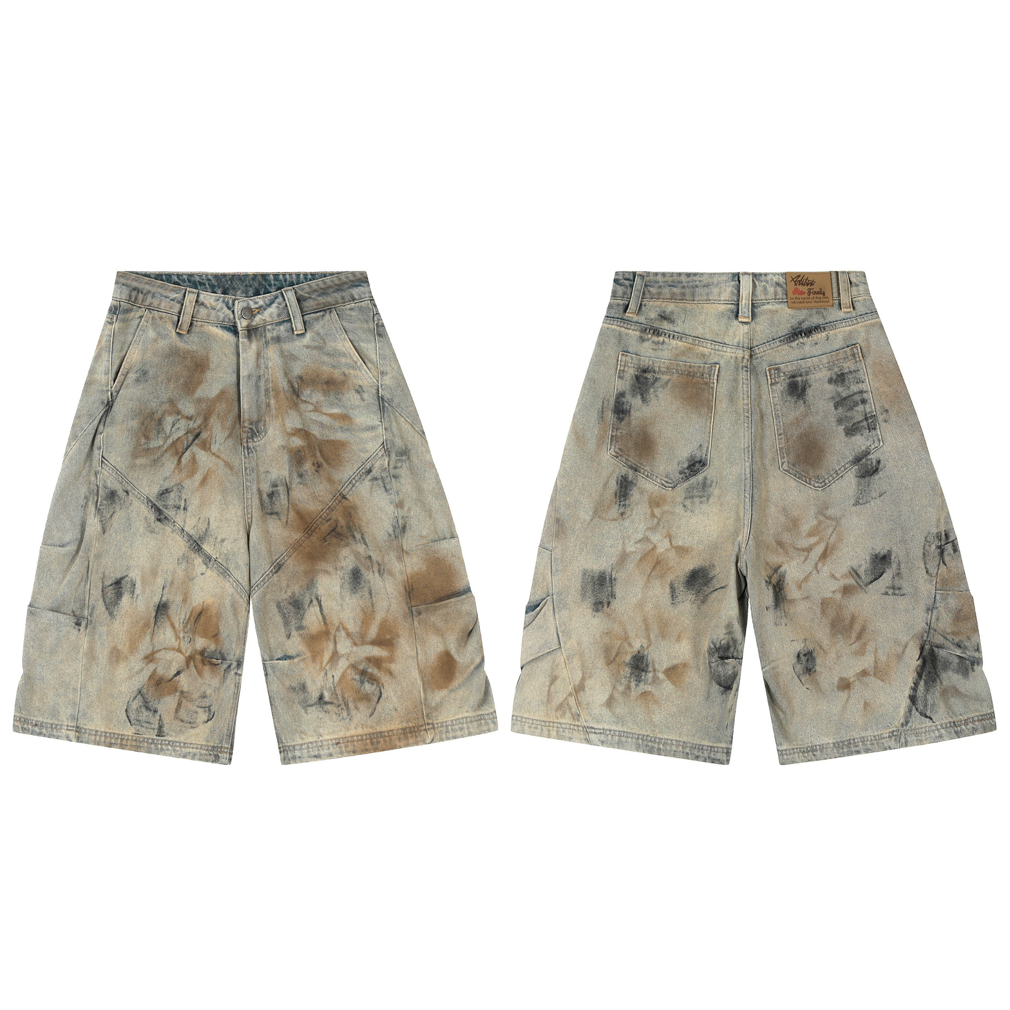 Front and back view of wide-leg denim shorts with multi-tone brown and blue spray-dye finish and paneled seam construction