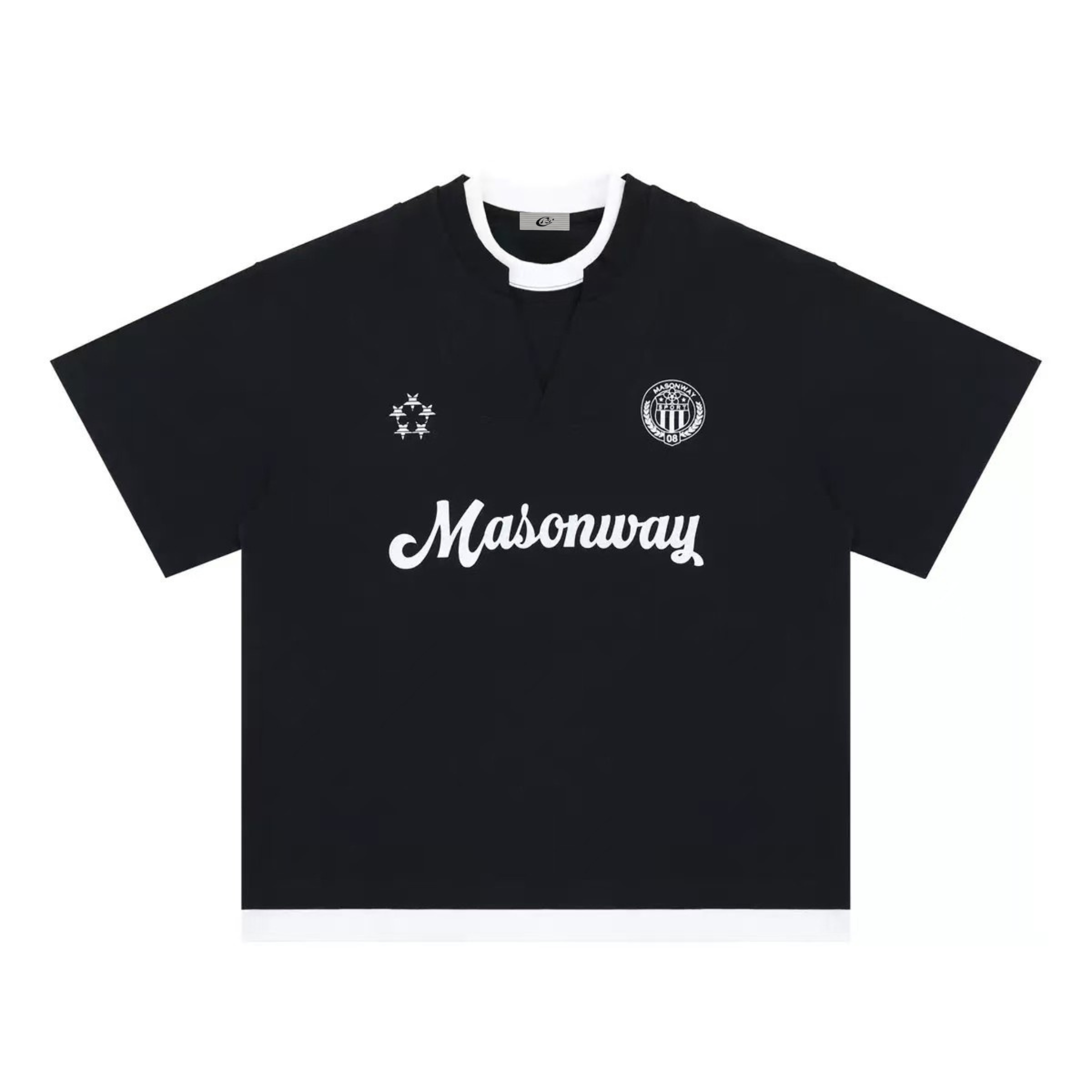 Flat lay of black Masonway Football Tee with white contrast collar, embroidered crest badge, and bold front script logo