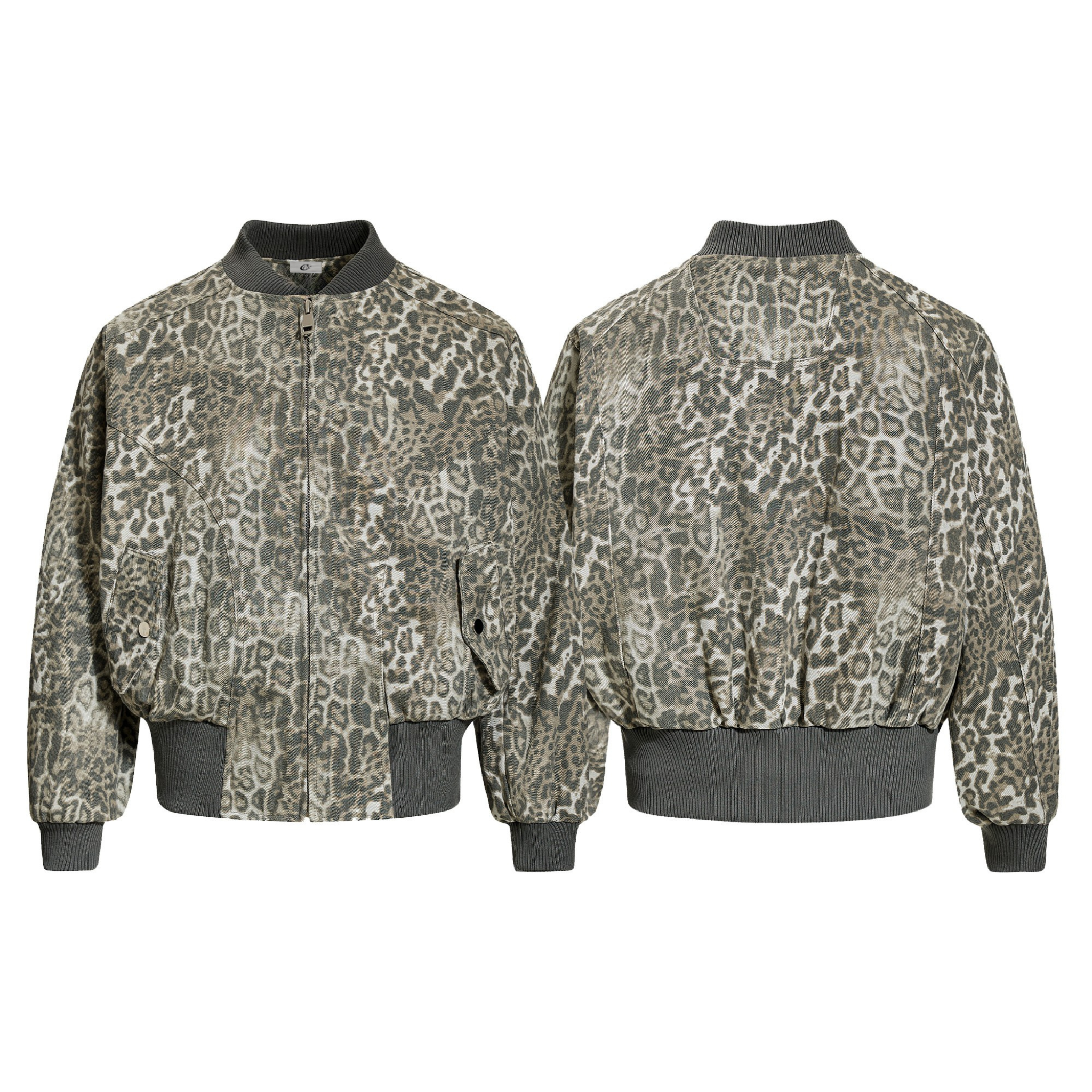 Front and back view of a vintage-washed grey leopard print cotton bomber jacket with ribbed collar, cuffs, and hem