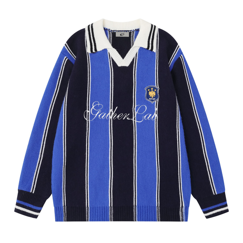 Front view of black and blue striped knit sweater with white collar and chest crest