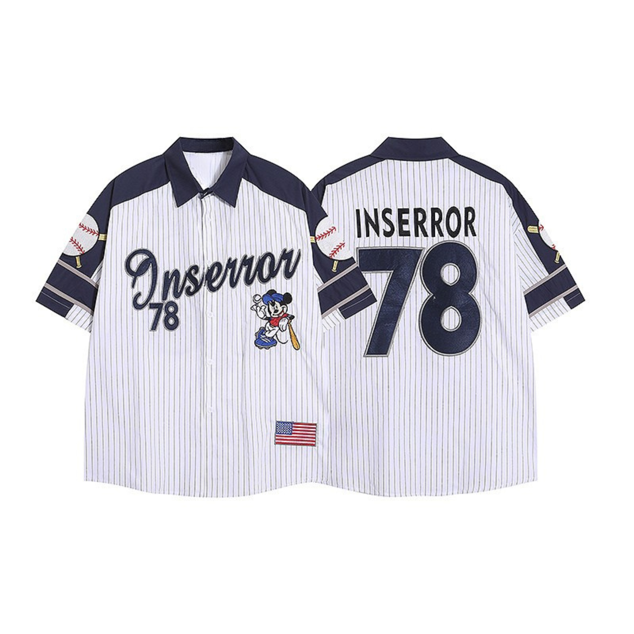 White pinstripe baseball jersey shirt with navy contrast sleeves, Inserror 78 embroidered logo, and Mickey Mouse patch on fro