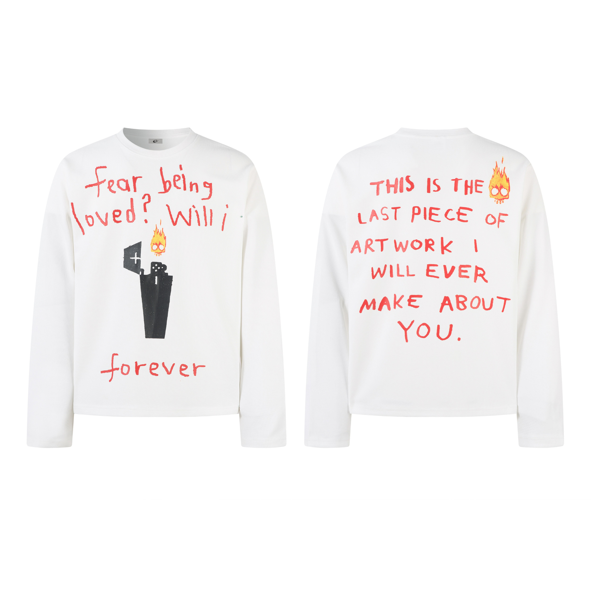 White long sleeve waffle-knit tee with red hand-written text and flame doodle lighter graphic on front and back