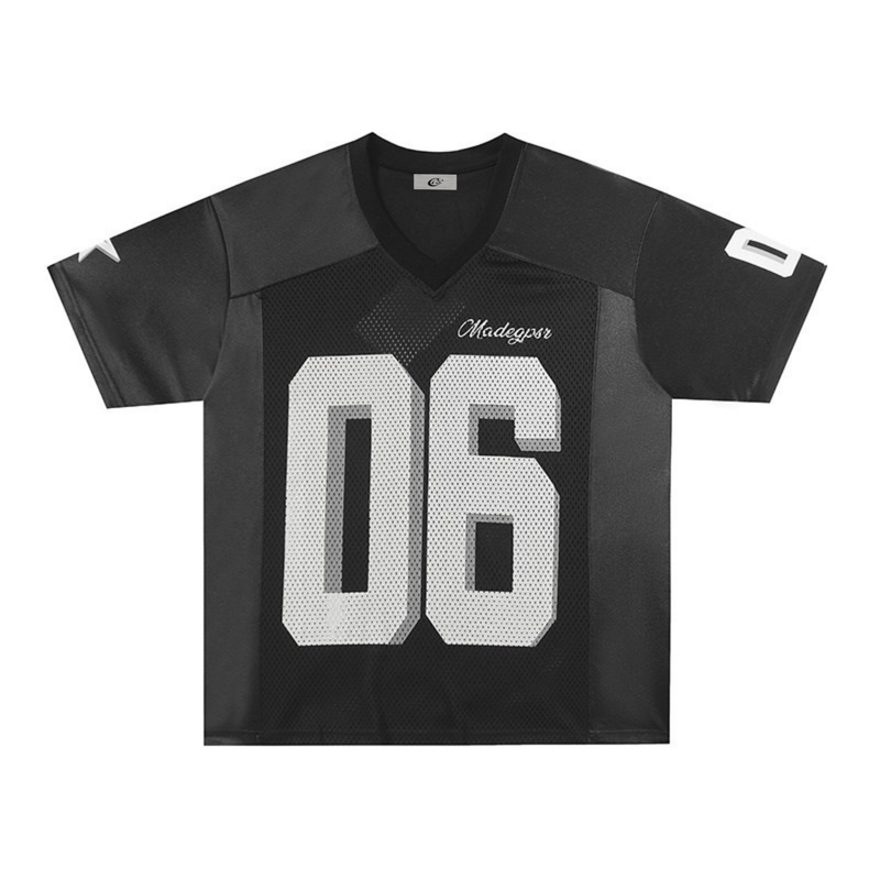 Black mesh panel football jersey tee with large white number 06 and Madegpsr script logo on front