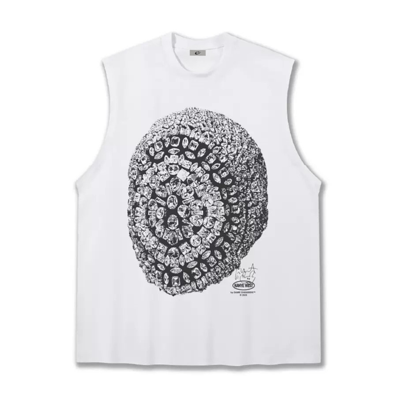 White sleeveless tee with large crystal skull graphic on the front