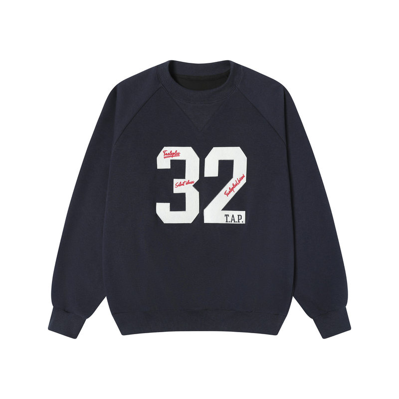 Navy sweatshirt front with white 32 graphic and red script details