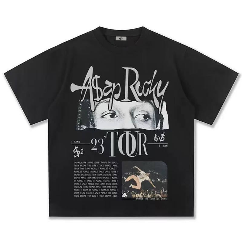 Black A$AP Rocky 23 tour graphic tee with large front print and vintage collage-style design