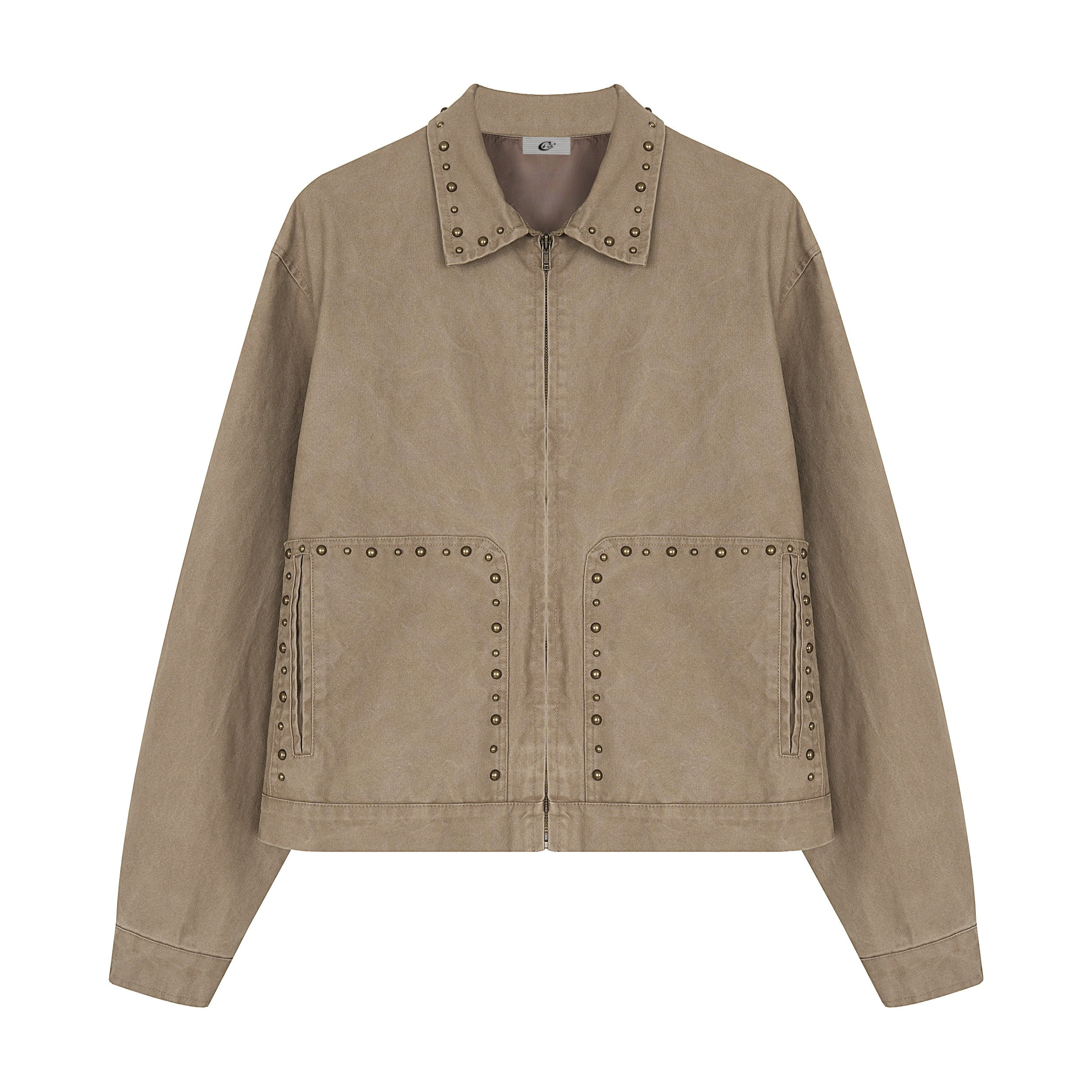 Front view of a khaki washed cotton zip-up work jacket with brass stud trim on the collar and oversized front patch pockets