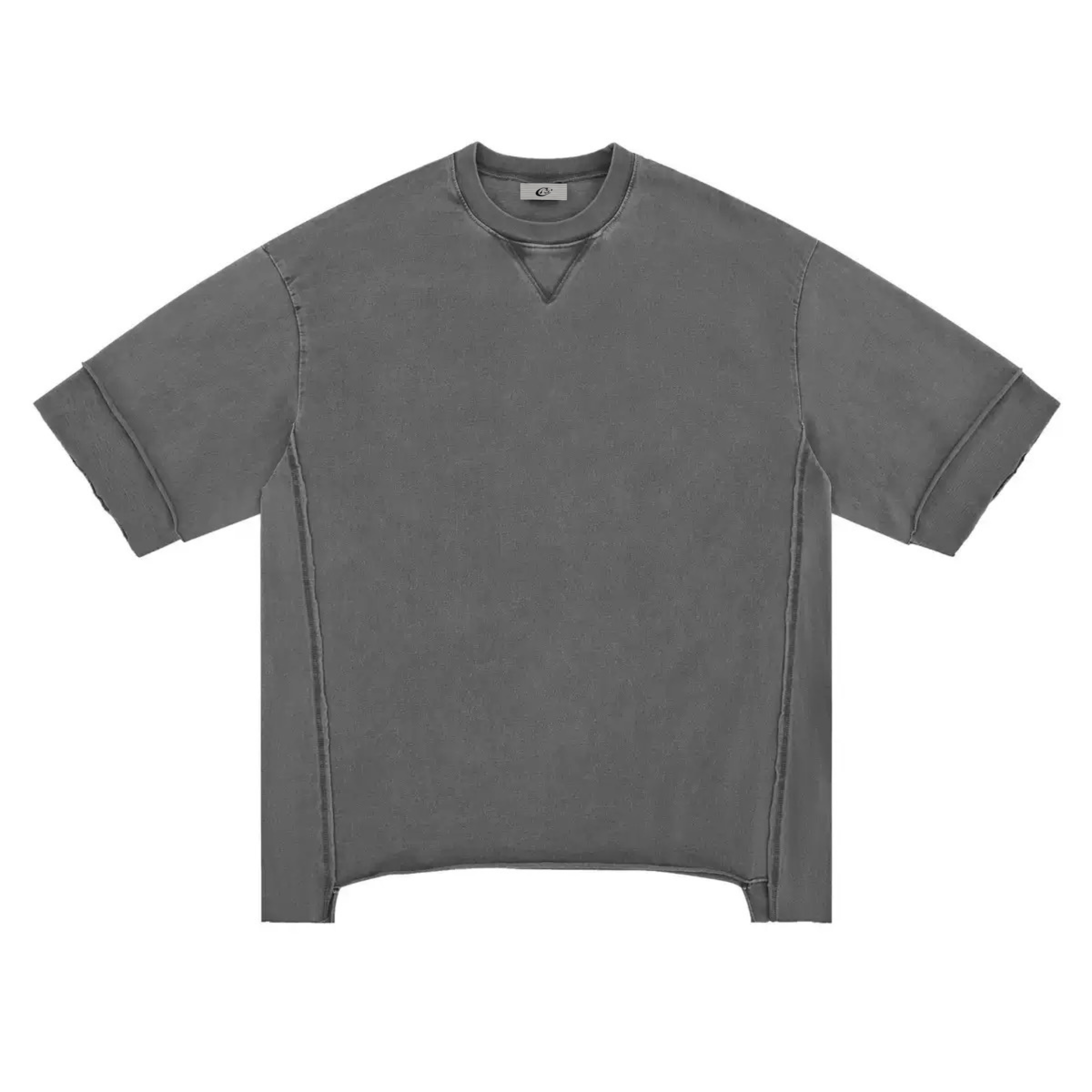 Front view of an oversized charcoal grey vintage washed split-hem tee with exposed seams and raw-edge sleeves