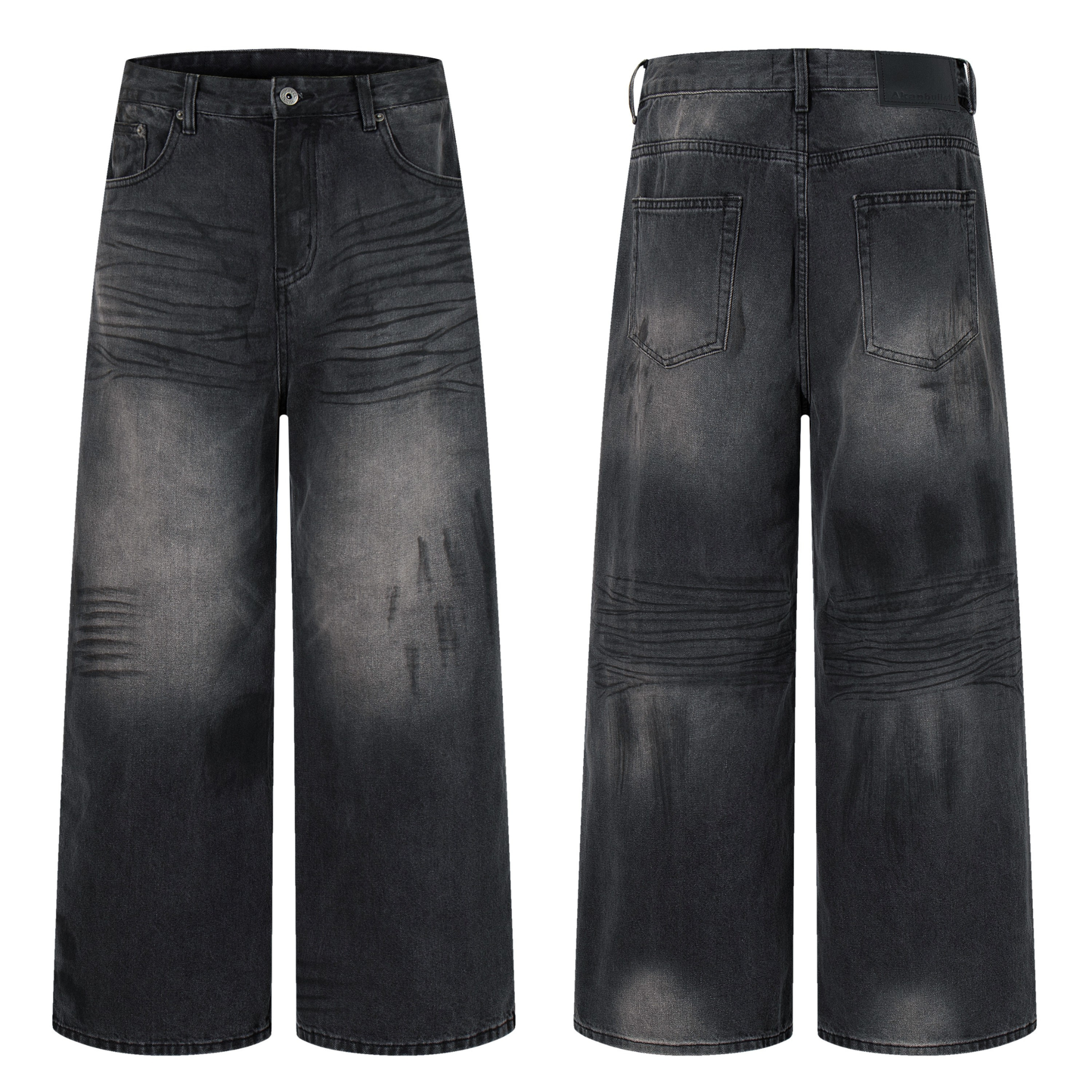 Front and back view of black distressed fade wide-leg jeans with shadow wash finish and wrinkle texture detailing