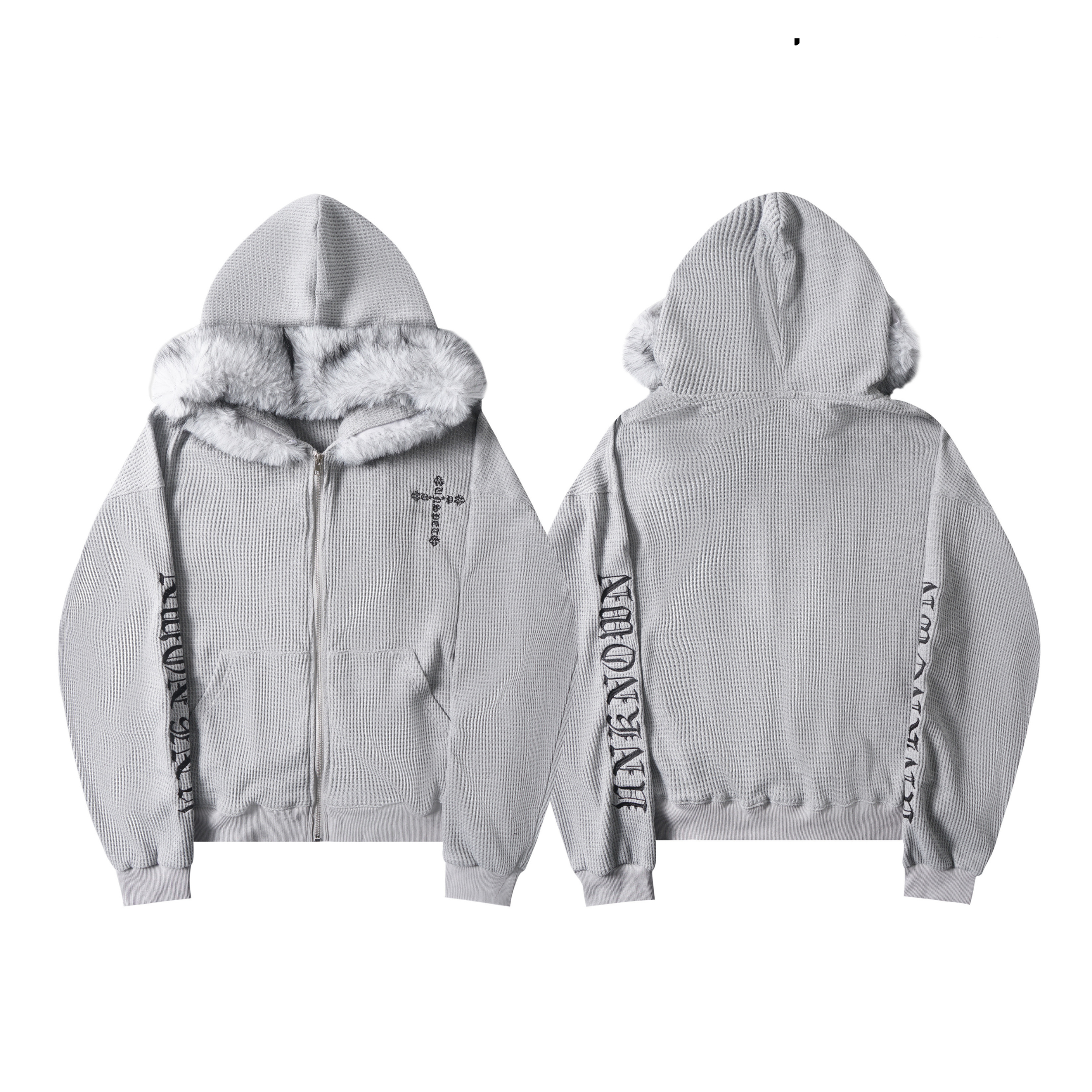 Grey waffle knit zip-up hoodie with faux fur trim hood and gothic sleeve embroidery, shown front and back