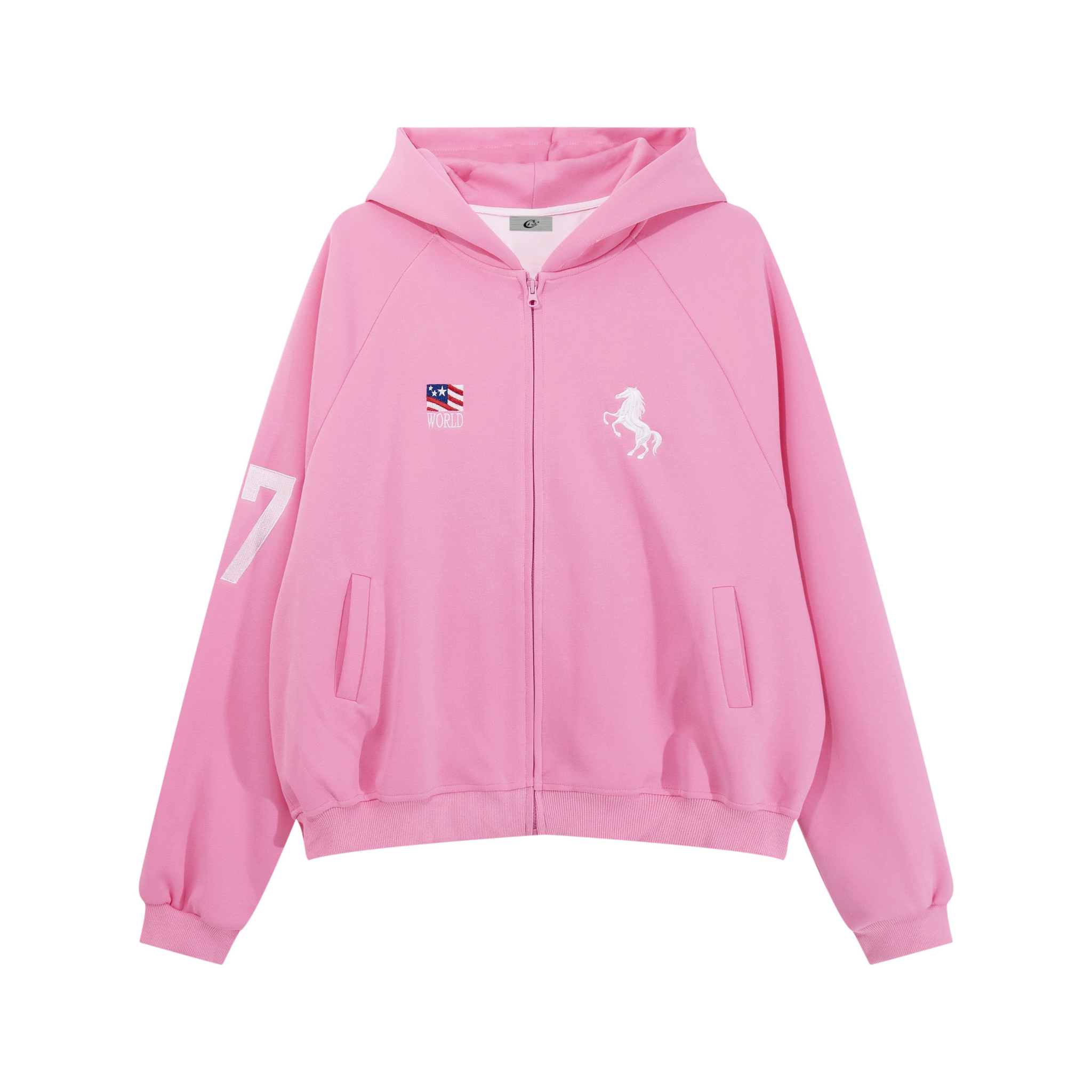 Front view of a pink zip-up hoodie with embroidered unicorn chest graphic, flag patch, and varsity number sleeve detail