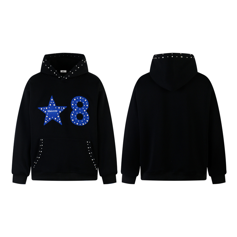 Side-by-side front and back views of black hoodie with blue star and 8 appliqués