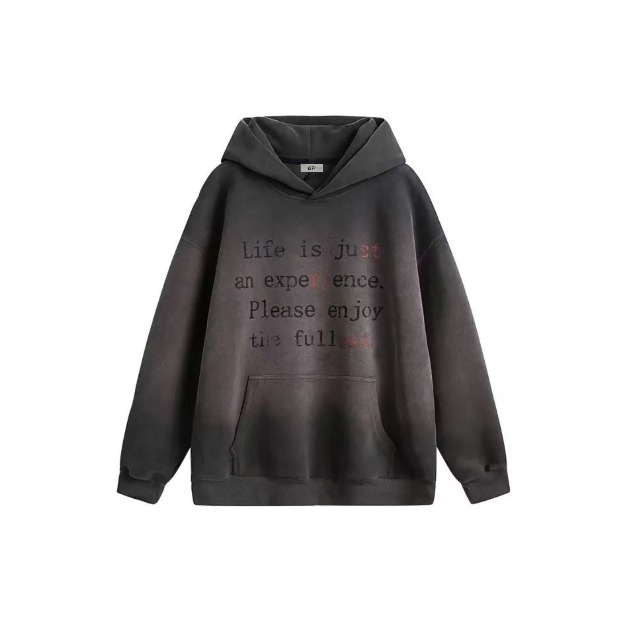 Charcoal washed oversized hoodie with distressed typewriter-style Life Is Just an Experience graphic print on chest