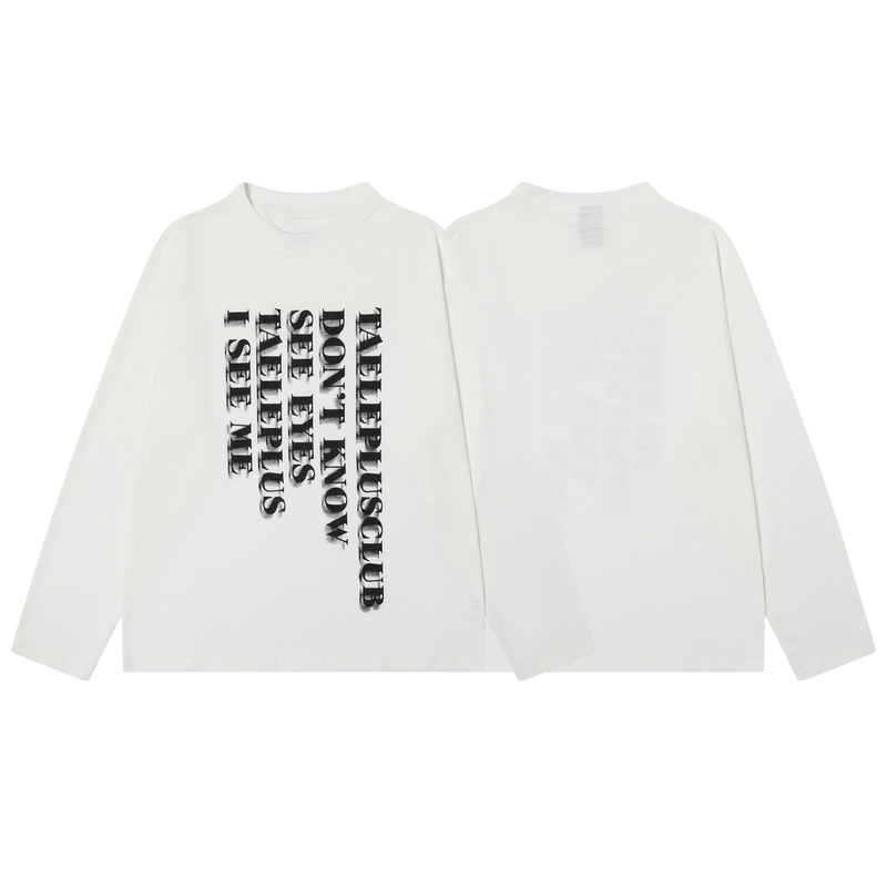 Front and back views of white long sleeve tee with vertical black graphic print