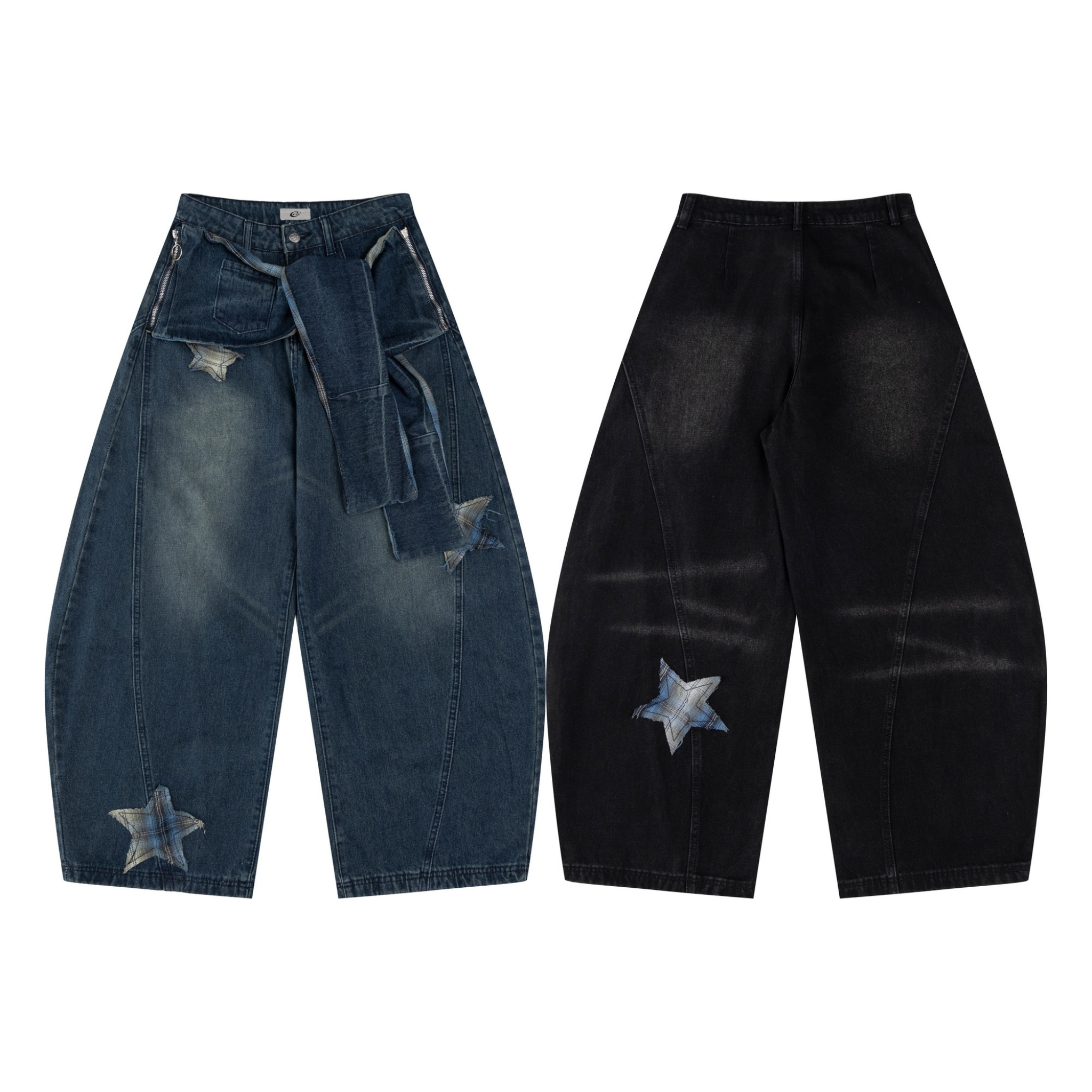 Washed indigo wide-leg jeans with plaid star patches and detachable denim belt, front view on white background