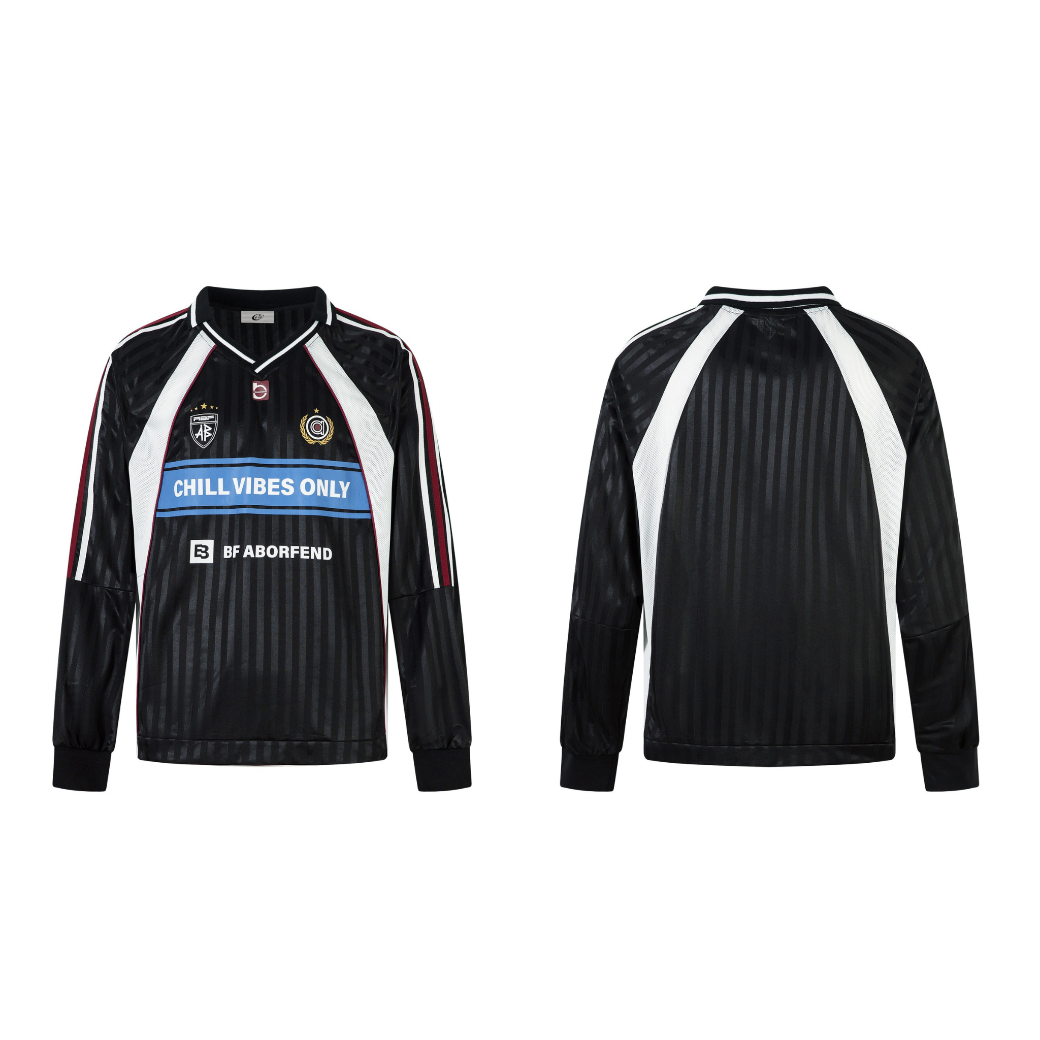 Omirad Chill Vibes Only black long-sleeve football jersey with blue chest band, white contrast panels and embroidered crests,