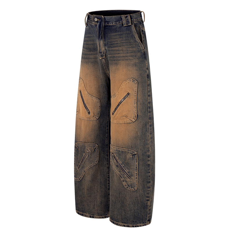 Angled front view of sand-fade wide-leg jeans with zip cargo pockets and belt loops