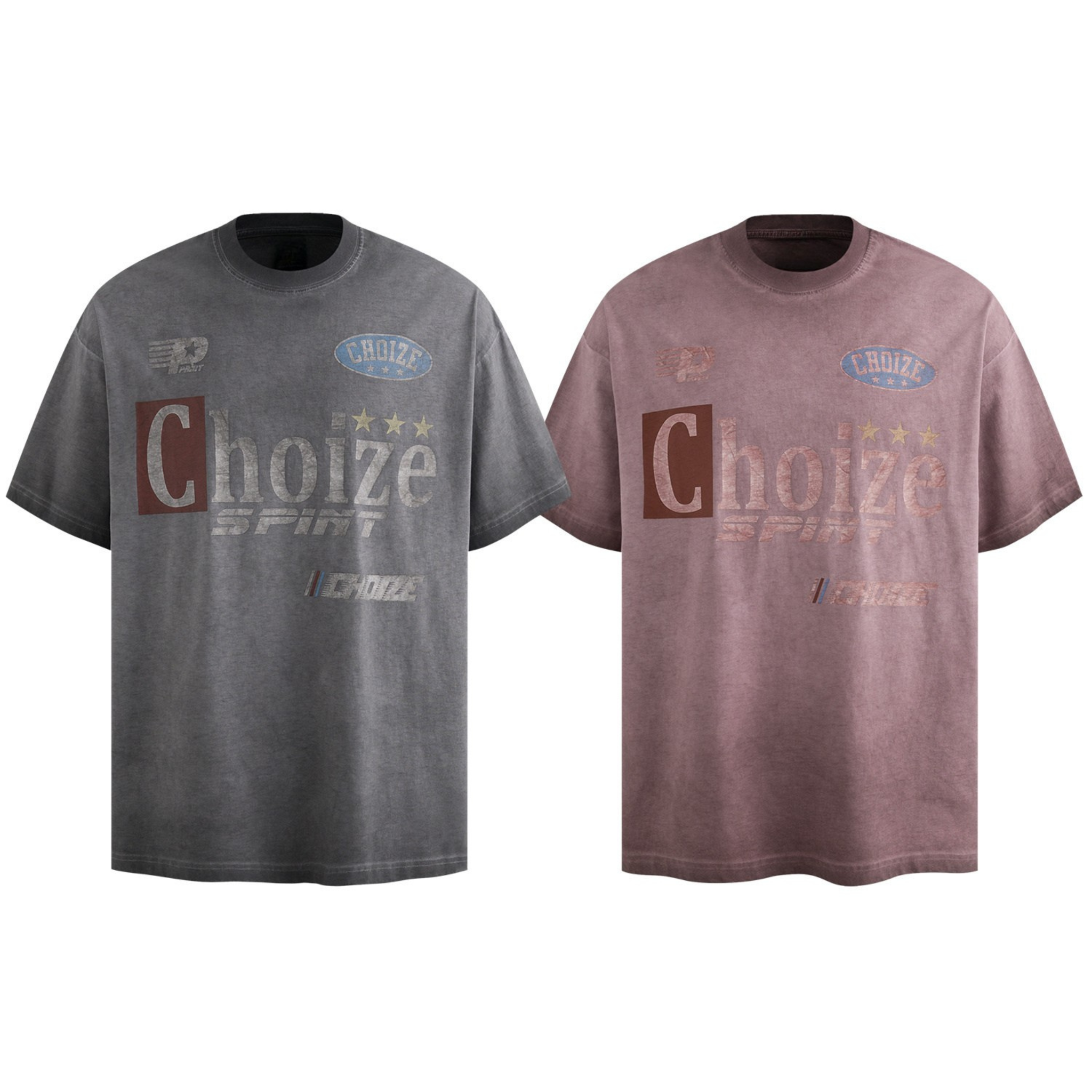 Two vintage wash racing graphic tees side by side in acid-washed grey and dusty mauve pink with distressed Choize Spirit moto