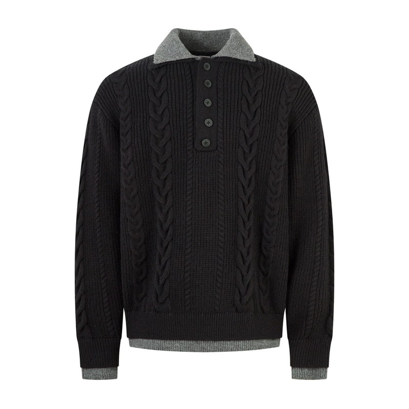 Black cable knit polo sweater with gray contrast collar, front view