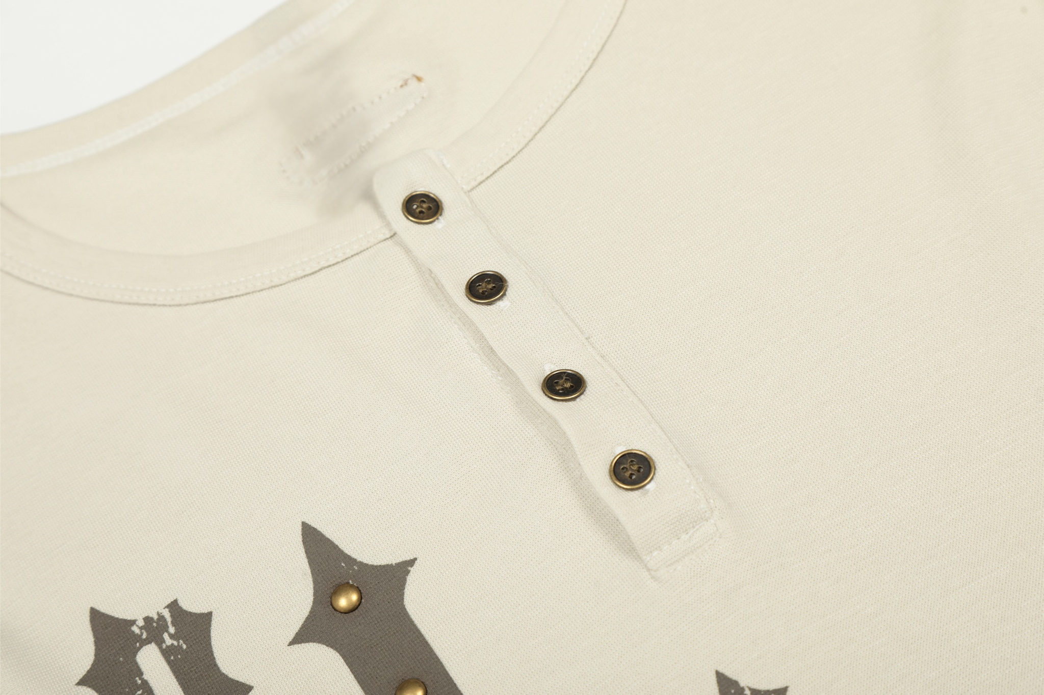 Gothic Graphic Long Sleeve Henley Tee with Stud Accents