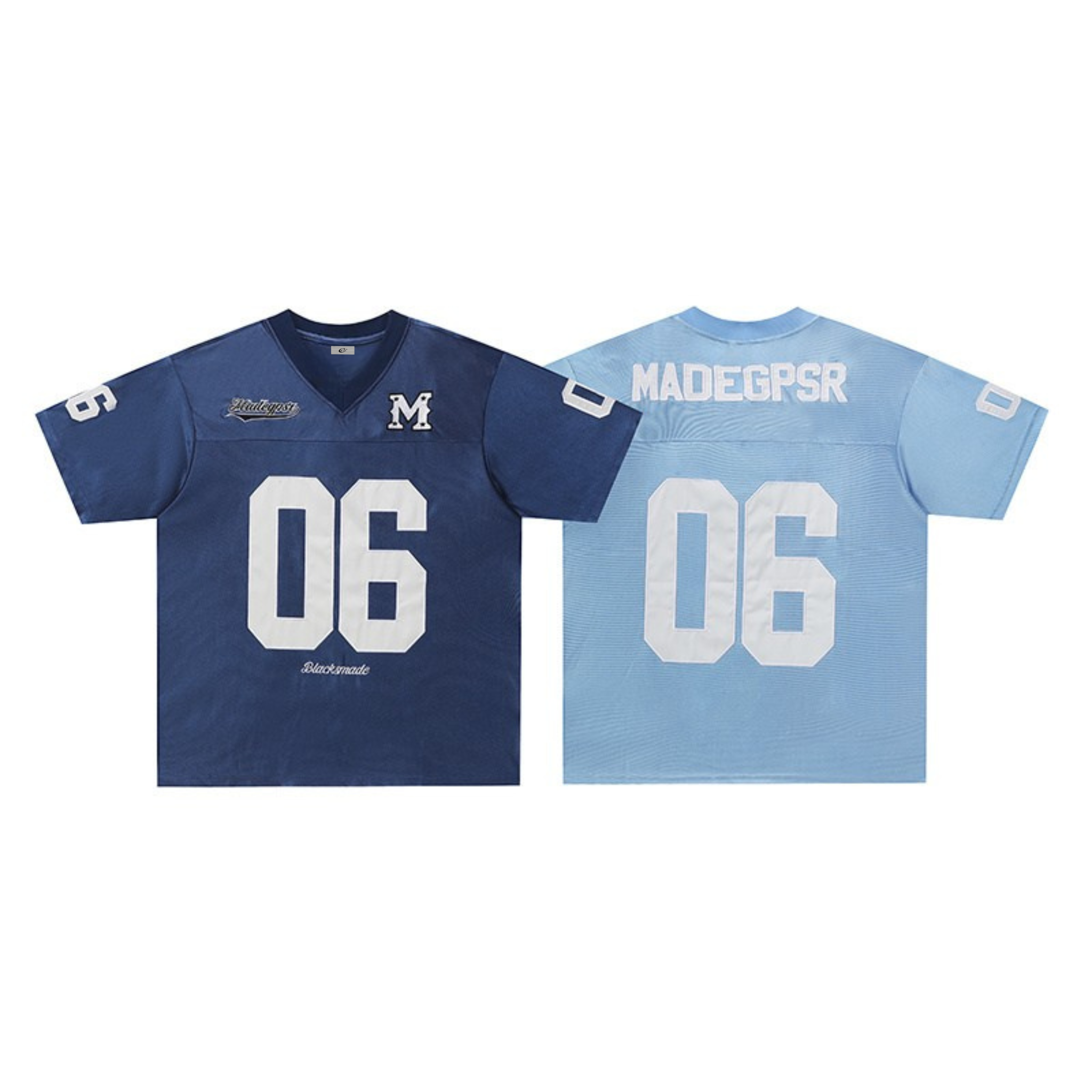 Front and back view of navy and light blue football jersey tees with oversized 06 number print and M chest patch
