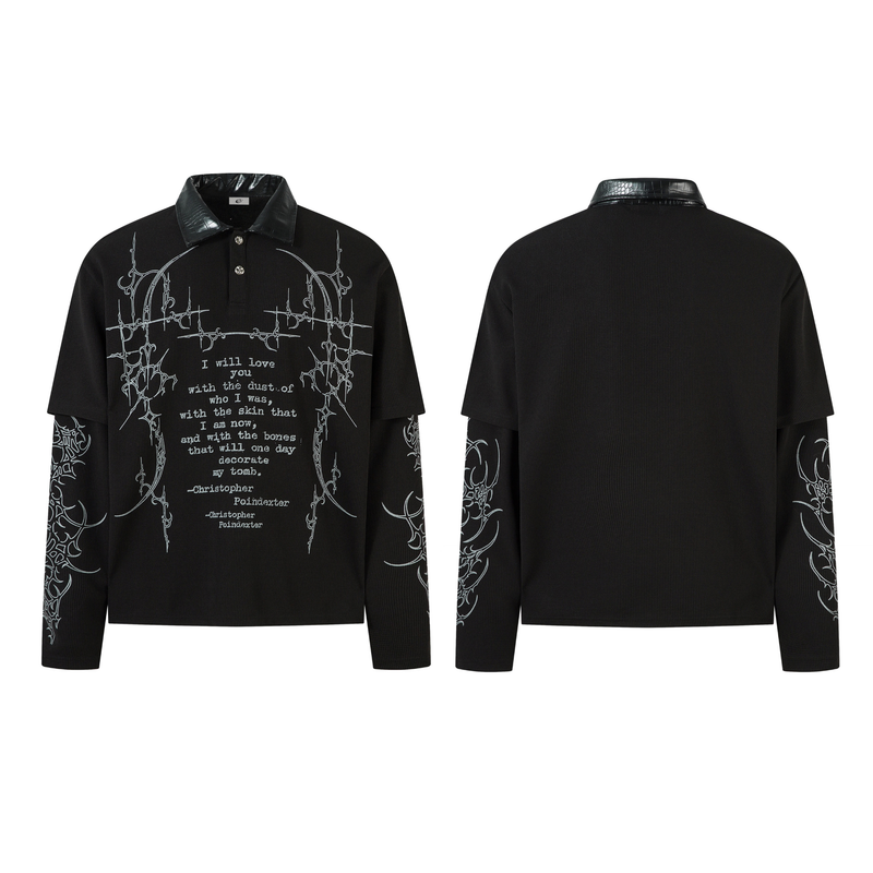 Front and back views of black layered long sleeve polo shirt with leather-look collar and gray print
